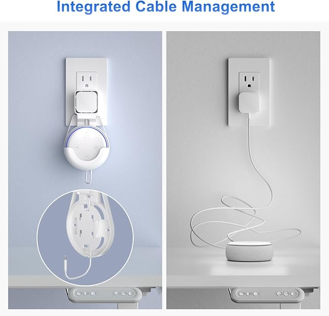 suptek Wall Mount Holder for Echo Dot 3rd Gen, Outlet Wall Mount Stand for Alexa, with Built-in Cable Management, Wall Screw or Stick-on Option, White,S5W