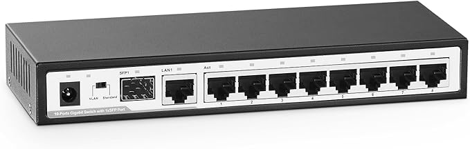 10 Port Gigabit Switch, 8 x 100/1000Mbps Ports, 1 Gigabit Uplink, 1 Gigabit SFP, Support Vlan, Metal Fanless Unmanaged Plug and Play YuLinca Ethernet Switch