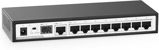 10 Port Gigabit Switch, 8 x 100/1000Mbps Ports, 1 Gigabit Uplink, 1 Gigabit SFP, Support Vlan, Metal Fanless Unmanaged Plug and Play YuLinca Ethernet Switch