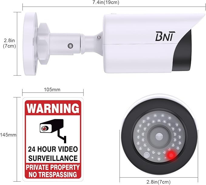 BNT Dummy Fake Camera, Surveillance Security CCTV Dome Camera, with One LED Light, Security Alarm Sticker Label (TC-W2), Security Camera Suitable for Indoor/Outdoor (2 Pack, White)