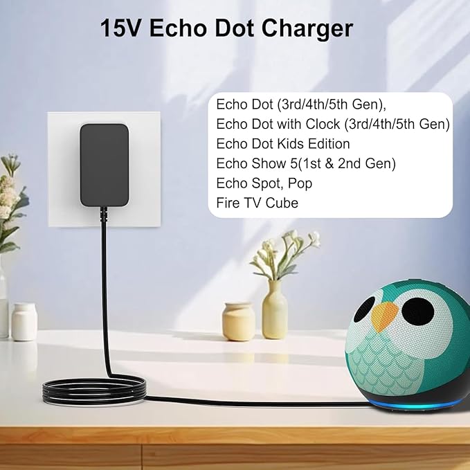15W Power Adapter Compatible with Alexa Echo Pop, Echo Dot 5th Gen, Dot 4th Gen, Dot 3rd Gen, Echo Show 51st 2nd Gen,15W Power Cord
