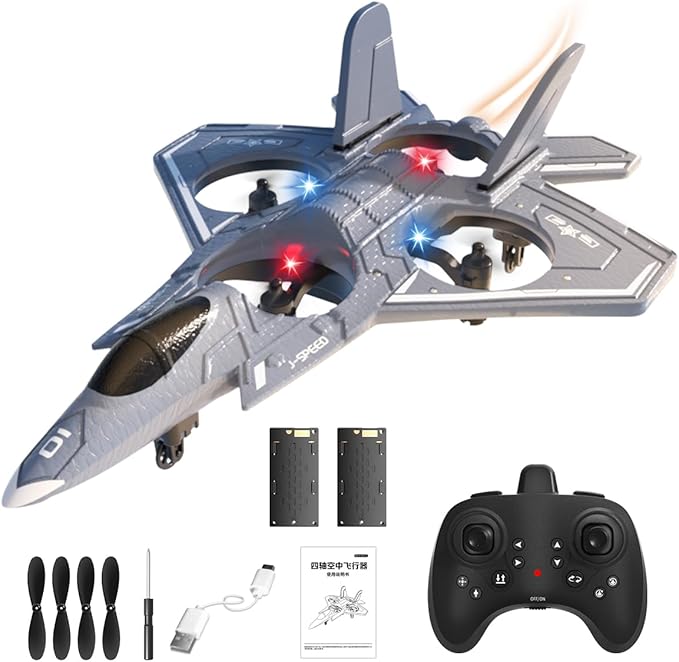 Foam RC Airplane for Kids and Beginners, Remote Control Plane Fighter Jet with Light, RC Helicopter Cool Lights Stunt Roll Hovering, Easy to Fly RC Aircraft Drone 360° Flip and 3 Batteries