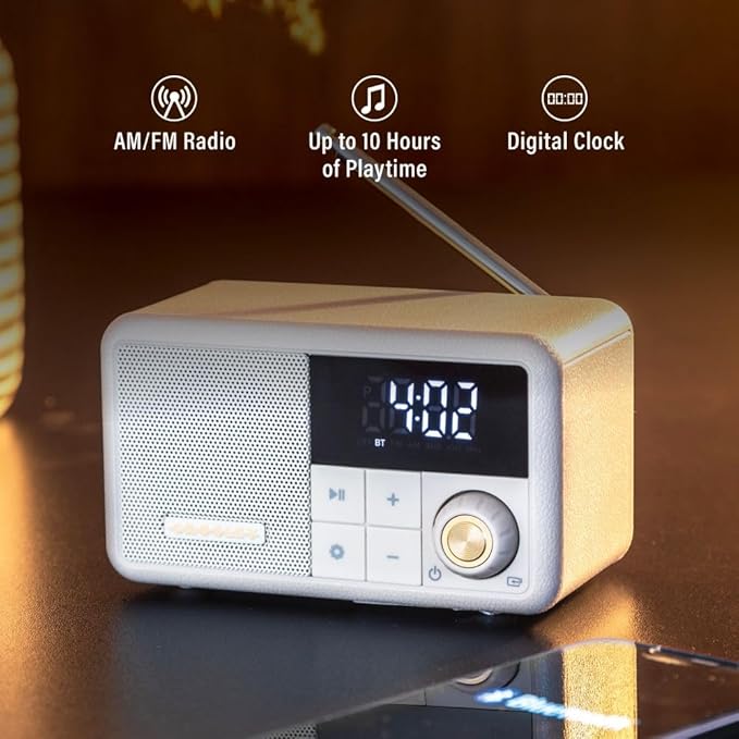 Crosley CR1121A-PB Cooper Retro AM/FM Radio, Portable Bluetooth Speaker with Aux Input and LED Display, Pebble