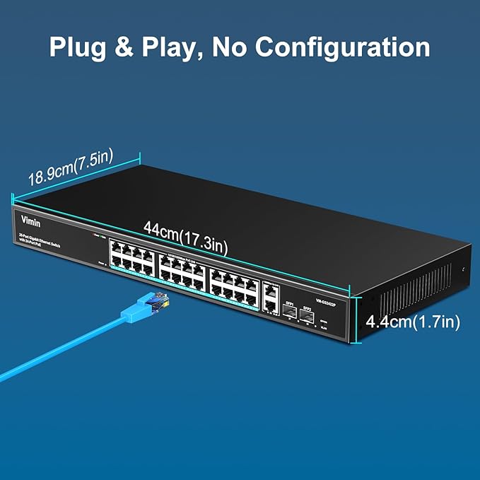 24 Port Gigabit PoE Switch with 2 Uplink Gigabit & 2 SFP Ports, 24-Port Ethernet PoE Switch Unmanaged w/ 320W High Power, Support IEEE802.3af/at, VLAN, Rack-Mount, Sturdy Metal Housing