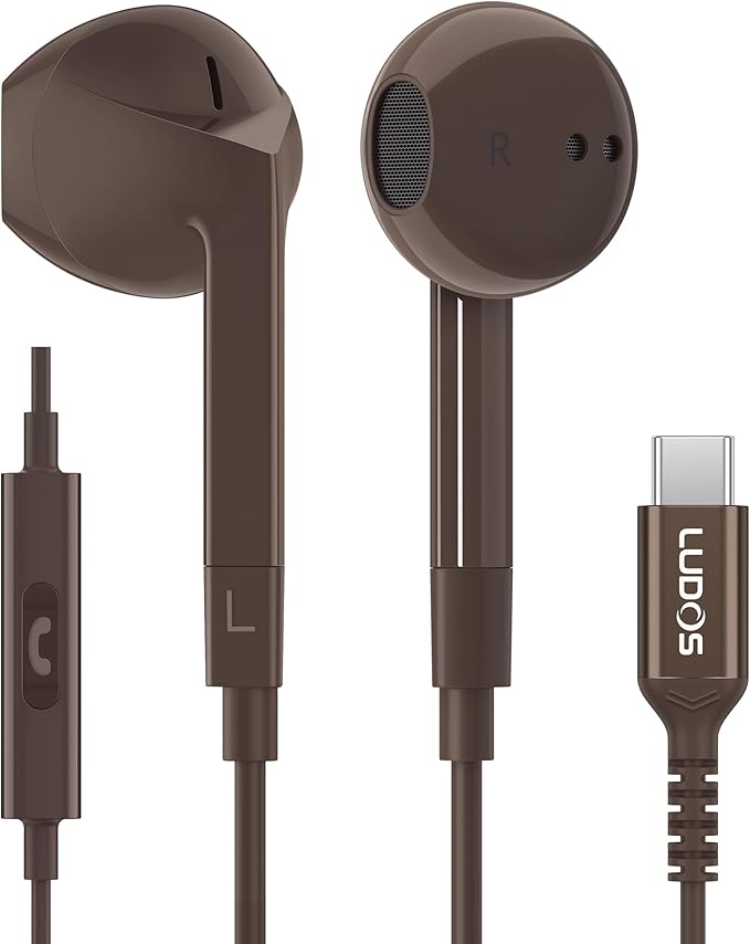 LUDOS FEROX USB C Headphones for iPhone 16 15 Pro Max Plus iPad Pro, 5 Years Warranty, Magnetic USB-C Earbuds for Samsung Galaxy S24 S23 Ultra S22 S21 S20 A55 A54 A53, USB Type C Earphones - Brown