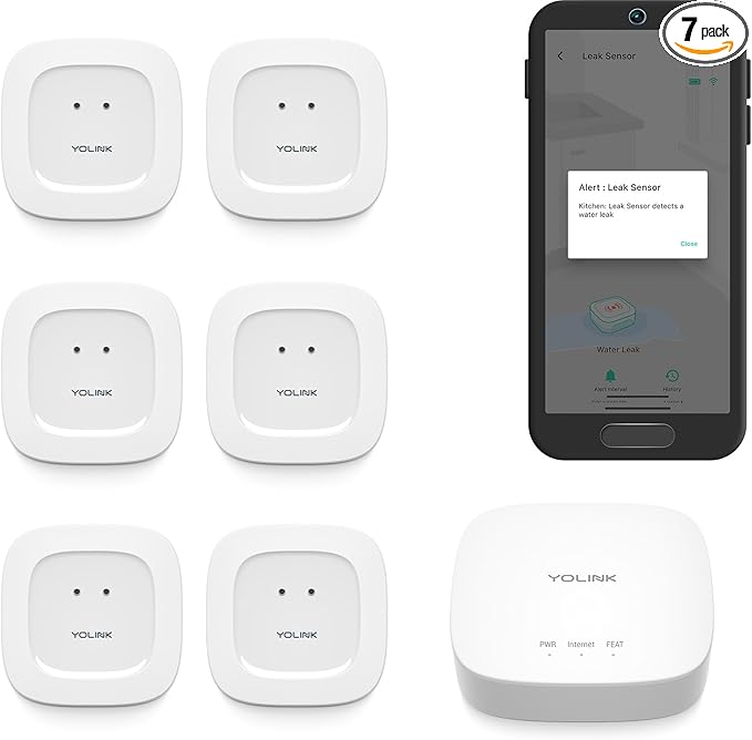 YoLink Water Leak Starter Kit: Hub + 6 Leak Sensor 1 (Silent), LoRa Long-Range, App/SMS/Email Alerts, D2D Offline Triggers, 2 AAA Up to 5-Year Battery, Works with Alexa/IFTTT/Home Assistant