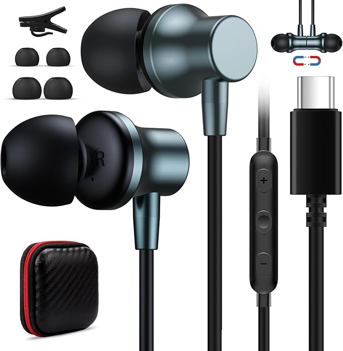 USB C Earbuds for iPhone 17 16e 15 Galaxy Z Flip Fold 6, Wired Headphones with Mic USB Type C Earphones Magnetic in-Ear Noise Canceling Headset for iPad Air Pro Oneplus 13 12 Samsung S25 S24 Pixel 8