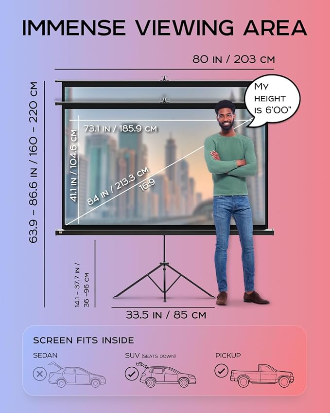 PropVue Projector Screen with Stand 84" - Indoor & Outdoor Projection Screen for Movie or Office Presentation - 16:9 HD Premium Wrinkle-Free Tripod Screen for Projector with Carry Bag & Tight Strap