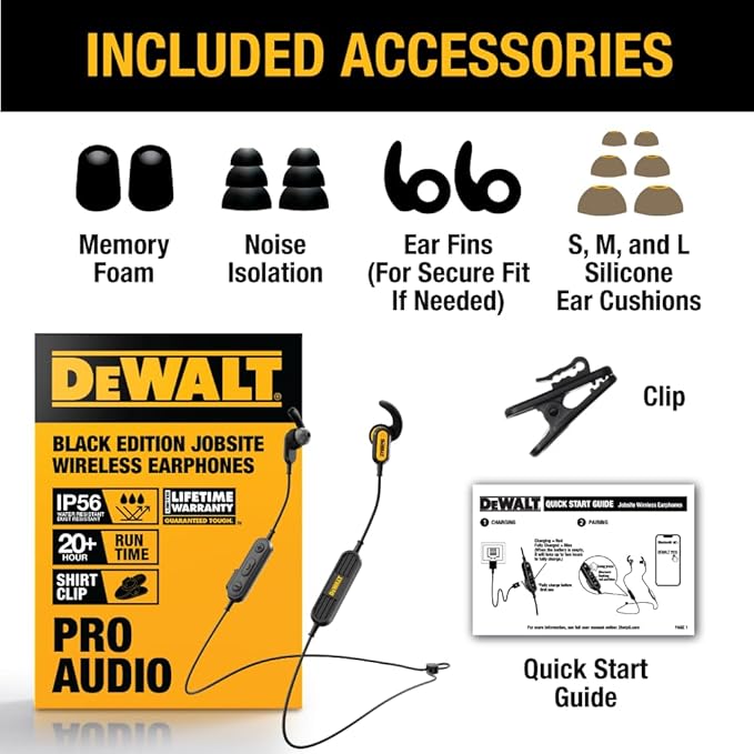 DEWALT Heavy Duty Neckband Bluetooth Earbuds - Black Special Edition Wireless Bluetooth 5.2 Headphones w/Microphone, Lightweight Comfort, IP56 Waterproof, Deep Bass, 20H Jobsite Behind-Neck Earphones