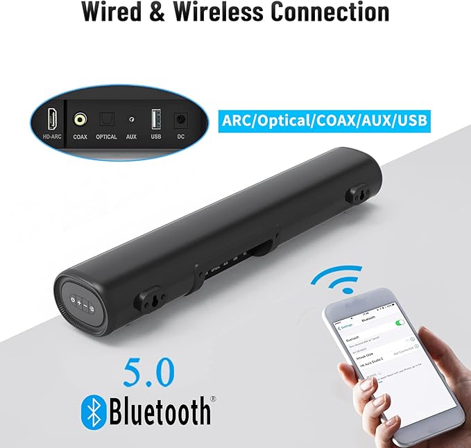 Sound Bar for TV, Bluetooth 5.0 Soundbar, 50 Watt 16 Inch Soundbars for Home Audio, Gaming, Projectors, TV Speakers Supports HDMI ARC/Optical/RCA/USB/AUX/Coax in Connection, Wall Mountable