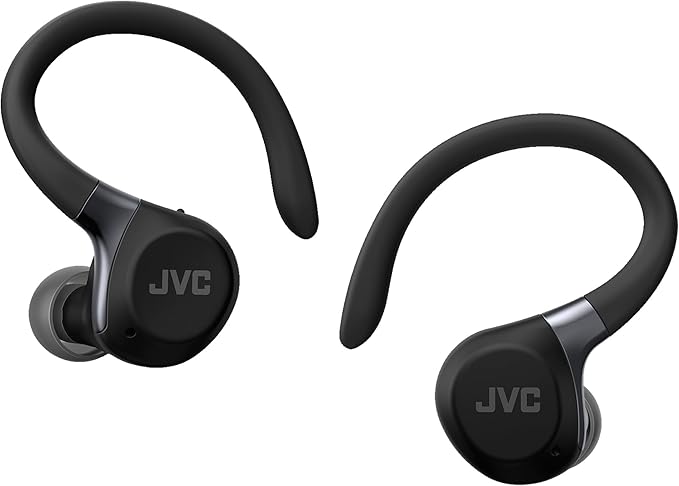 JVC Fitness Series True Wireless Sport Earbuds with Adjustable Hooks, Active Noise Cancelling, Ambient Sound Mode, IP57 Waterproof, 40hr Long Battery Life, App EQ, Low Latency, Mic HAEC75TB Black