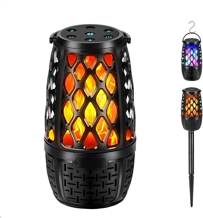 Outdoor Speakers, Colorful LED Flame Speaker Gift for Men, Bluetooth 5.3, Stereo Sound, Portable Wireless Speaker with Stake, Hook for Patio/Yard/Porch