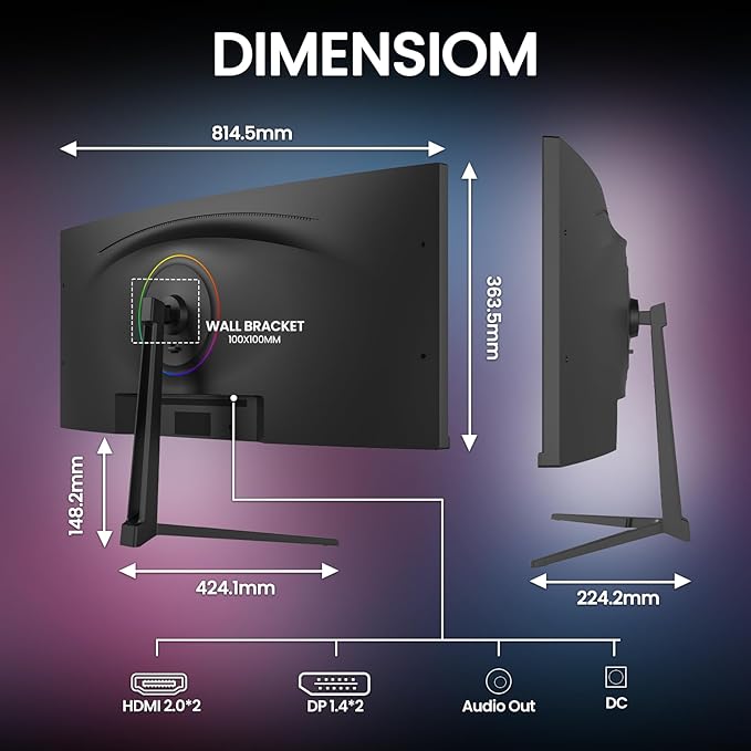 CRUA 34" Curved Gaming Monitor, IPS WQHD(3440x1440P) 120Hz 1900R 21:9 UltraWide PC Display, 130% sRGB, AMD FreeSync, Blue Light Filter, HDMI/DP Ports, Wall Mountable Installs– Black