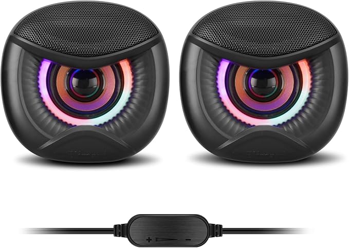 USB Computer Speakers for RGB Lighting, PC Speakers with a USB-C Interface are Suitable for Desktop Laptop Monitor, Owl Eye Design, Colorful Lights