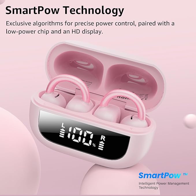 TOZO OpenEarRing True Open Ear Headphones, Lightweight Comfort Open Ear Clip Wireless Earbuds, 40H Play Bluetooth 5.4 Headphones with Smart Digital Display Design Fit Sports Running, Workout Rose Gold