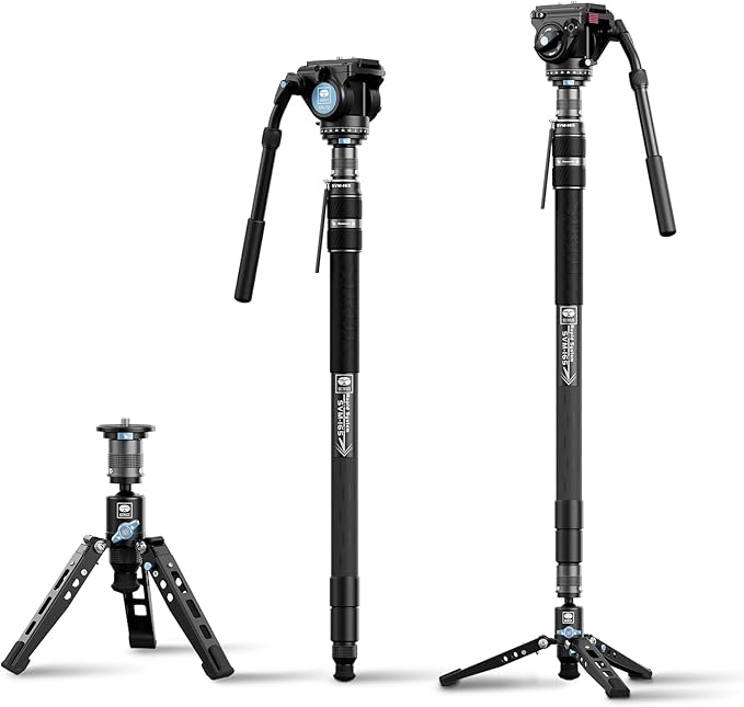 SIRUI SVM-165 Carbon Fiber Camera Monopod with Feet, 68.7" Professional Lightweight Travel Monopod with Fluid Video Head for DSLR Camera, One-Step Height Adjustment, Modular, Max Load 22lbs