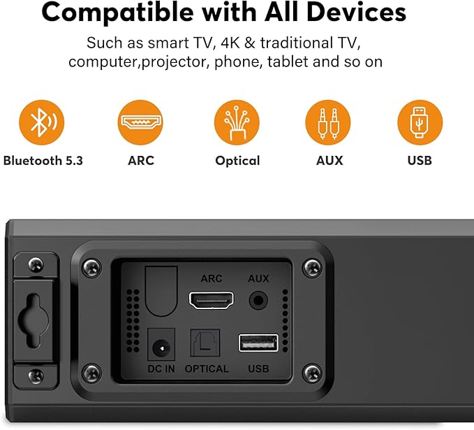 Wohome 2.1 Sound Bar for Smart TV with Built-in Subwoofer, 6 Levels Voice Enhancement, 15 Inches Small TV Soundbar Speakers with Bluetooth 5.3/ARC/Optical/AUX/USB Connection, 3 EQ Modes, Wall Mount