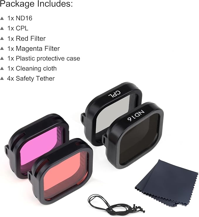 4-Pack Snorkel Filter for GoPro Hero 12 11 10 9 Black - Polarized Camera Lens Filter(CPL) ND Filter (ND16) Red Magenta Filters, Neutral Density 10M Shallow Diving Protector Go Pro Accessories