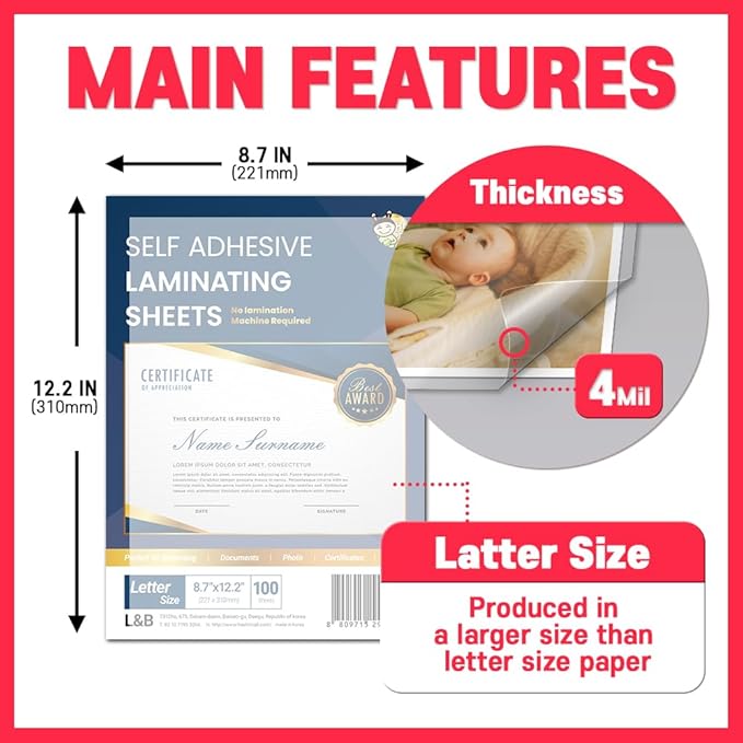 No Heat Laminating Sheets Self Sealing 8.5 x 11 Inch, 50 Pack, 4mil Thickness, Transparent, No Machine Self Adhesive Laminating Sheets, Protect documents and Photos [Letter Size] by HA SHI
