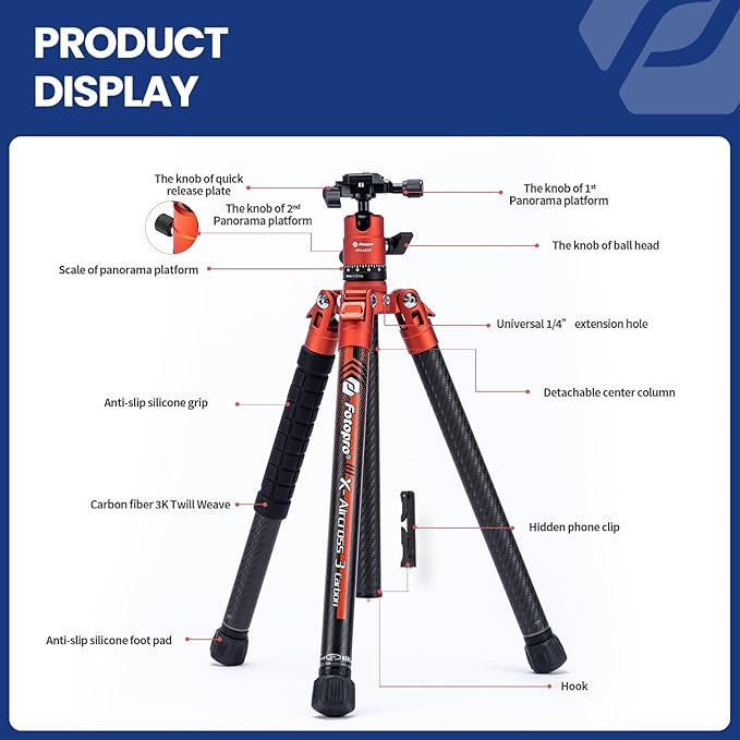 Fotopro 62 Inch Carbon Fiber Tripod for Camera Ultralight Travel Camera Tripod Max Loads Up 22lbs X-Aircross 3 Orange