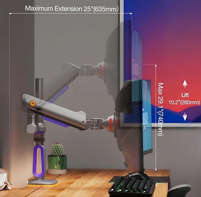 NB Extra Height Gaming Monitor Arm for 32 to 60 Inches Screen, Load up to 20 kg, VESA 75/100, RGB-Light, Heavy Duty, Multi Angle Adjustable, Premium Aluminum, Long Arm Extension Purple Blue