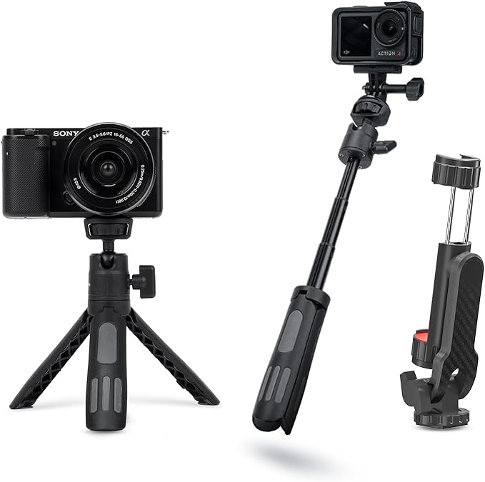 Portable Cell Phone Tripods & Desktop Tripod & Extendable Selfie Stick (18-45cm), 360° Phone Clip & Cold Shoe Mounts - for iPhone/Samsung/GoPro/DJI/Canon/Sony Cameras/Lights