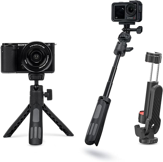 Portable Cell Phone Tripods & Desktop Tripod & Extendable Selfie Stick (18-45cm), 360° Phone Clip & Cold Shoe Mounts - for iPhone/Samsung/GoPro/DJI/Canon/Sony Cameras/Lights