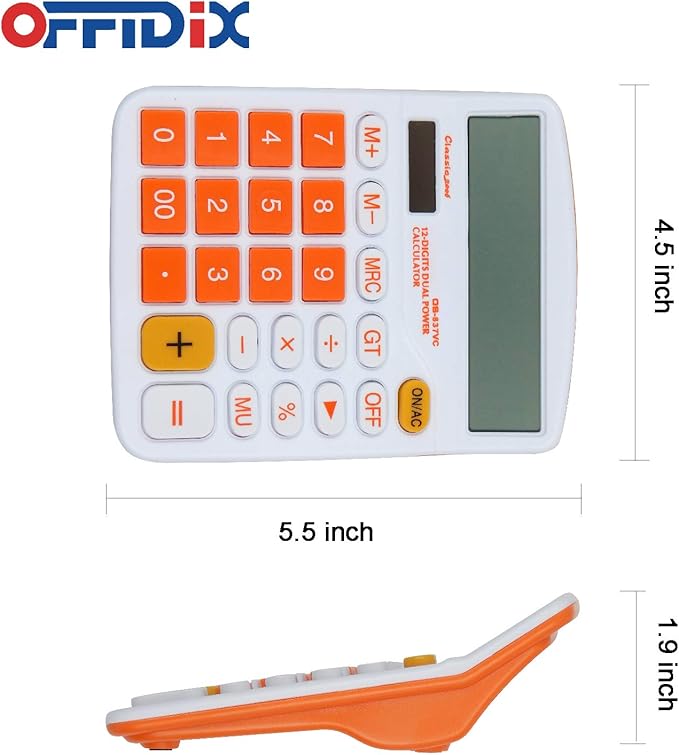 OFFIDIX Office Desk Calculator 12 Digit Large LCD Display Office Desktop Dual Power Calculator,Orange