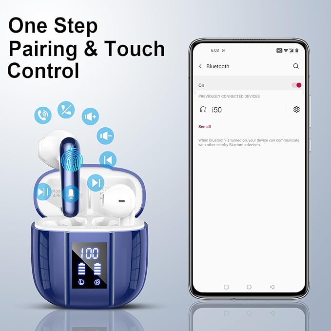 Wireless Earbuds, Bluetooth 5.4 Headphones, 48H, Stereo Ear Buds, LED Display Earphones with Mic, IP7 Waterproof In EarBud, Comfort Fit, Bluetooth Earbuds for Phone Android iOS, Sport, Walk, Blue