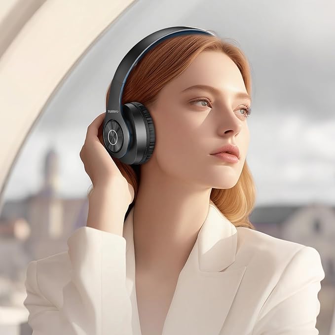 TUINYO Bluetooth Headphones Wireless, Over Ear Stereo Wireless Headset 40H Playtime with deep bass, Soft Memory-Protein Earmuffs, Built-in Mic Wired Mode PC/Cell Phones/TV-Black/Blue …