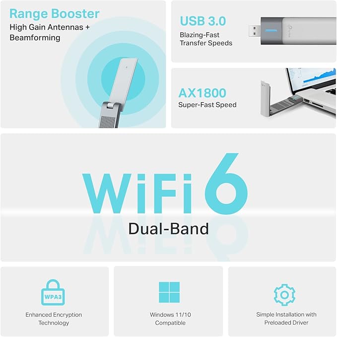 TP-Link AX1800 WiFi 6 USB Adapter for Desktop PC (Archer TX21UH) Wireless Network Adapter with 2.4GHz, 5GHz, MU-MIMO, OFDMA, High Gain Dual Band 5dBi Antenna, WPA3, Supports Windows 11/10