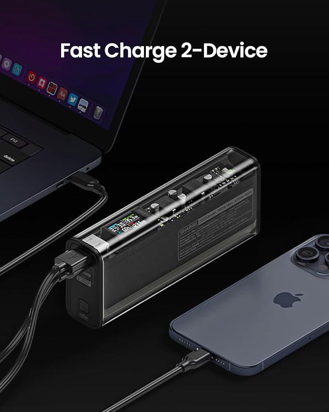 SHARGEEK 140 Power Bank, 140W Output 20000mAh Portable Charger with Screen Display, Transparent, USB C& USB A Port Laptop Power Bank for iPhone 17/16/15/14 Series MacBook Steam Deck