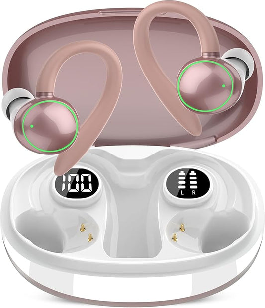 Wireless Earbuds, Bluetooth 5.3 Headphones Sport, Over Ear Buds With ENC Noise Cancelling Mic, 48H, Wireless Earphone With Earhooks, Stereo Deep Bass, IP7 Ear Buds for Workout Running, Rose Gold