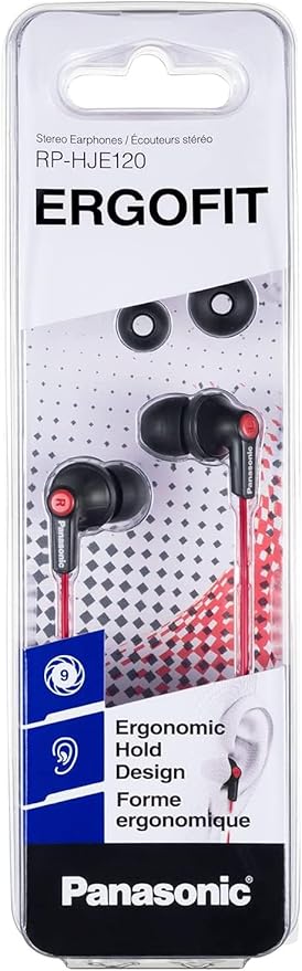 Panasonic ErgoFit Wired Earbuds, in-Ear Headphones with Dynamic Crystal-Clear Sound and Ergonomic Custom-Fit Earpieces (S/M/L),3.5mm Jack for Phones and Laptops, No Mic-RP-HJE120-KB (Matte Black/Red)