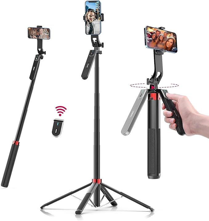 ULANZI MA09 Extendable Phone Tripod, 71" Selfie Stick Vlog Tripod Stand Quadrapod with All in 1 Phone Clip, Travel Tripods Cellphone Holder w Rechargeable Remote for iPhone Sony Canon Action Camera