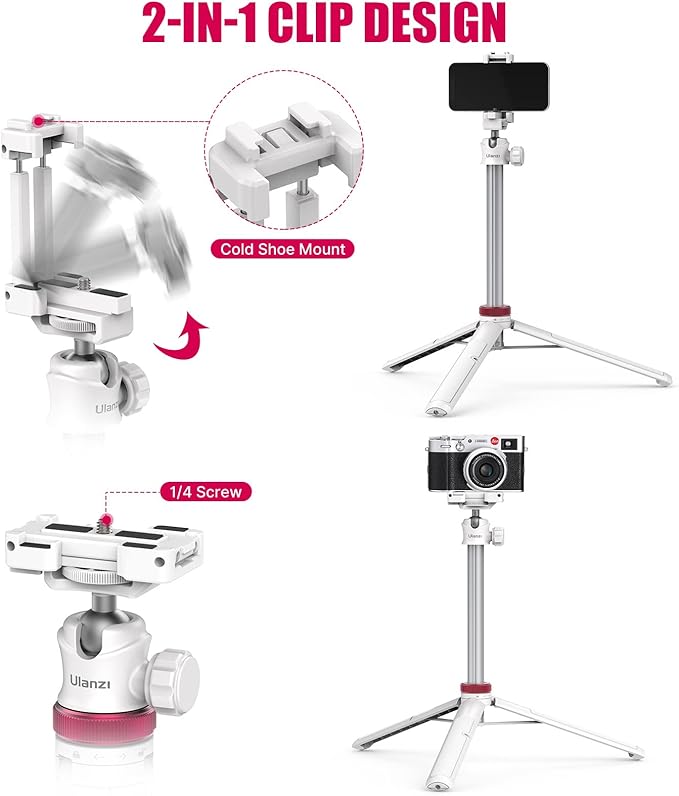 ULANZI MT-44 Extendable Phone Tripod, 59" Selfie Stick Portable Vlog Tripod Stand with 2 in 1 Phone Clip 1/4" Screw, 360° Ball Head Camera Tripod for DJI Pocket Sony Canon Action Fujifilm, White