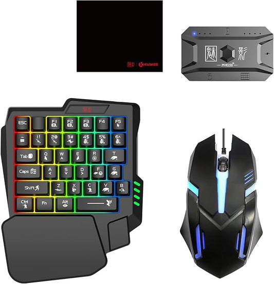 Docooler Half Hand Keyboard and Mouse Combo, 25 Keys Single Handed Wired RGB Keyboard and Gaming Mouse Converter, Support Customize Button, for Android, PC Gaming Player