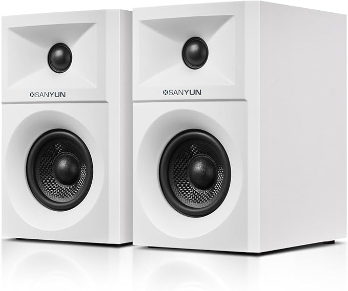 Sanyun SW203 4.0 Computer Speakers - 60W 4-Way DSP Control 3D Immersive Sound - 3" Carbon Fiber Woofer & 20mm Silk Dome Tweeter - 24bit DAC USB/Bluetooth 5.4/AUX - Studio-Grade Audio (Pair, White)