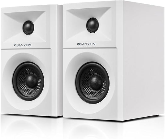Sanyun SW203 4.0 Computer Speakers - 60W 4-Way DSP Control 3D Immersive Sound - 3" Carbon Fiber Woofer & 20mm Silk Dome Tweeter - 24bit DAC USB/Bluetooth 5.4/AUX - Studio-Grade Audio (Pair, White)