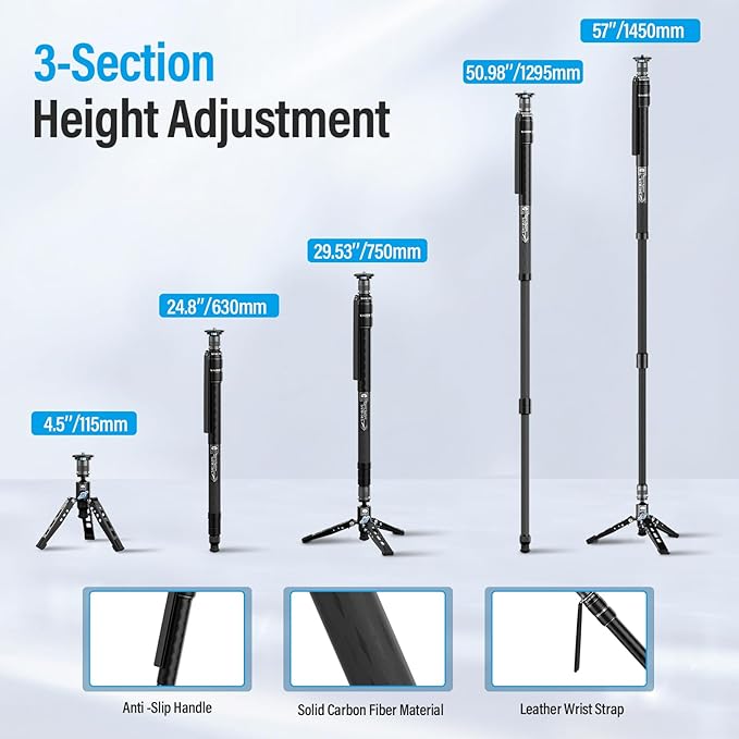 SIRUI SVM-145 Rapid Monopod with Feet, 57” Professional Carbon Fiber Camera Monopod, One-Step Rapid Height Adjustment, Modular 3 in 1, Max Load 22lbs
