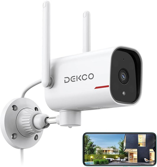 DEKCO WiFi Camera 2K Pan Rotating 180° Wired Outdoor Security Cameras with Color Night Vision, Support 24/7 Recording, 2.4G WiFi, AI Human Auto Tracking, Work with Alexa/Google Assistant (1 Pack)