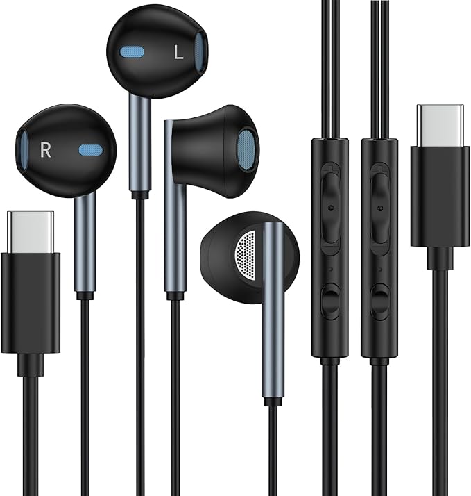 USB C Headphones for iPhone Air 17 16 15 Pro Max Plus 16e iPad Pro, 2Pack Type C Earphones Wired Earbuds with Mic & Volume Control Noise Canceling for Samsung Galaxy S25 S24 S23 Ultra A16,Pixel 10 Pro
