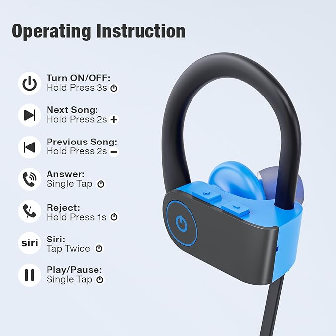 JOYWISE Bluetooth Headphones, Wireless Headphones 16H Playtime Wireless Earbuds with Mic Stereo in-Ear Earphones, IPX7 Waterproof Sports Headphones Sound Isolation Headsets for Running, Workout Blue