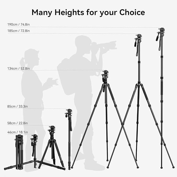 SmallRig CT195 Video Tripod Kit, 73" Camera Tripod with Pan Tilt Fluid Head for Vertical/Horizontal Shooting, Max Load 15kg / 33Ibs for Camcorder, Mirrorless, DSLR - 4307