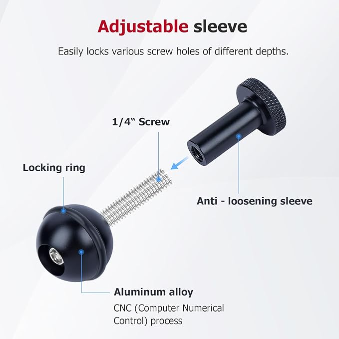Anti-Loosening 1" Ball Head Adapter with 1/4"-20 Thread - Aluminum Camera Mount for GoPr0, DSLR, Action Camera, Camcorder, Smartphone & RAM Mounts B-Size Arms (Black, 63160A)
