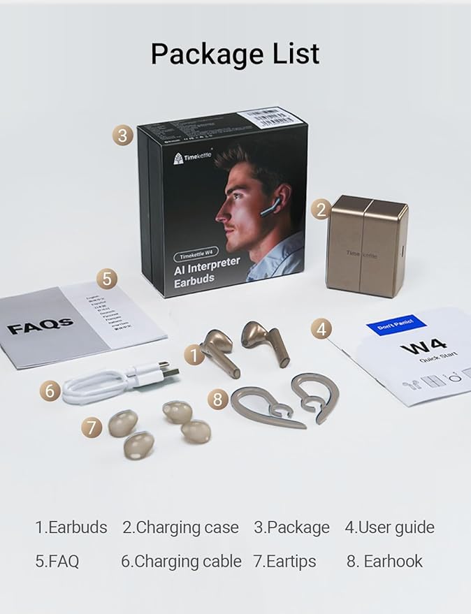 Timekettle W4 Translation Earbuds,for Global Business & Relationships,Bone-Voiceprint Sensor for Clear Voice in Noise, AI Auto-Correction,Protected Privacy with GDPR,Instant Setup via iOS/Android APP