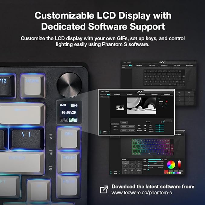 TECWARE Phantom S 75% Gasket-Mounted Mechanical Keyboard w/TFT Display and Knob, Red Switches (Black/Grey) Linear Switch (Red Switch (Linear))