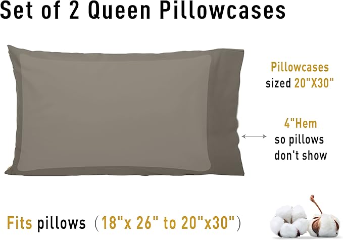 Sunflower Queen Pillowcases Set of 2, 100% Cotton Queen Size Pillow Cases 2, 20×30 inches Taupe Gray, Soft and Breathable
