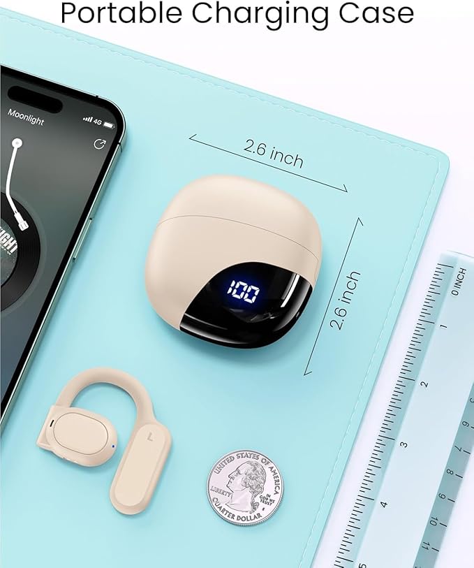 TAGRY Open Ear Earbuds Wireless Bluetooth Headphones 80Hrs Playtime Ear Buds with Earhooks IPX7 Waterproof Touch Control Earphones Sport Headsets for Workout Running Beige