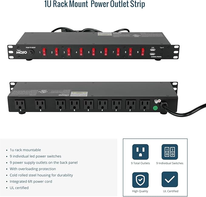 Tecmojo 9-Outlet Rack Mount Power Strip,1U Horizontal PDU Individual Switch 6ft Cord, with 2USB and 2 Type-C,for IT and Network Racks and Cabinets